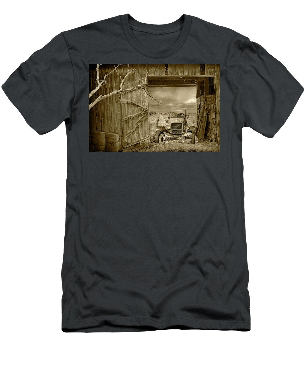 Nostalgic Scene of an Old Vintage Car in a Rustic Barn in Sepia Tone Randall Nyhof T-Shirt