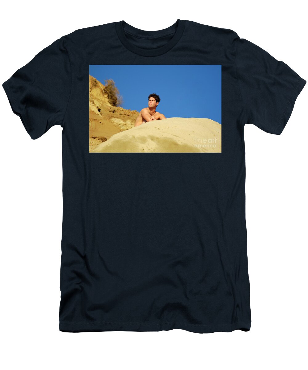 Nude Man Squats High on a Rock Overlooking the Beach Gunther Allen T-Shirt