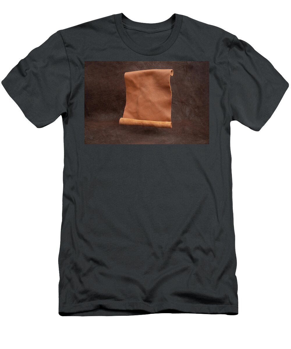 Opened Genuine Leather Scroll Levitating on Brown Vignette Back Dorin Puha T-Shirt