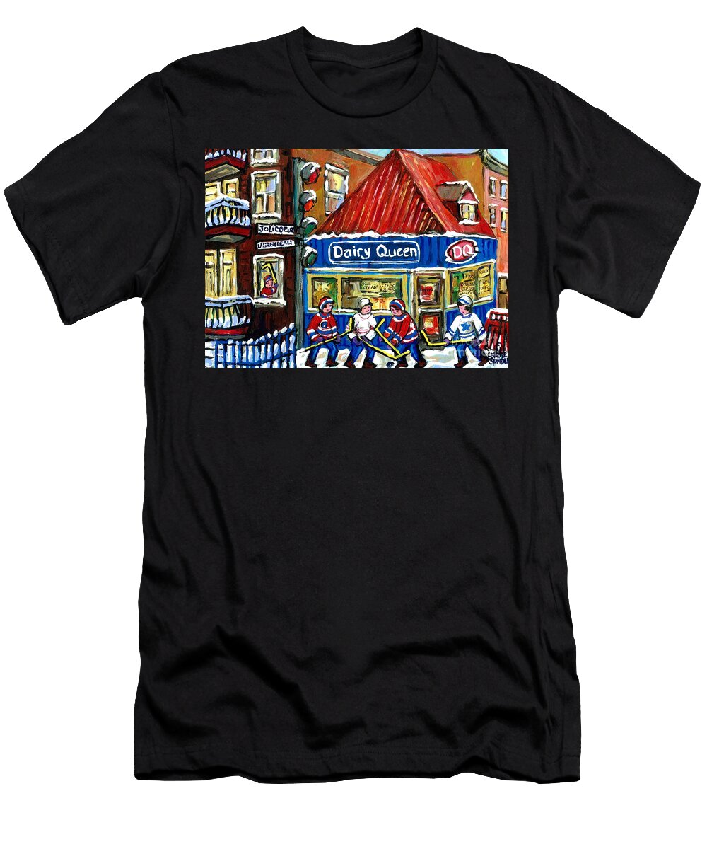 Original Canadian Hockey Art Paintings for Sale Snowfall At Dairy Queen Ville Emard Montreal Winter Carole Spandau T-Shirt