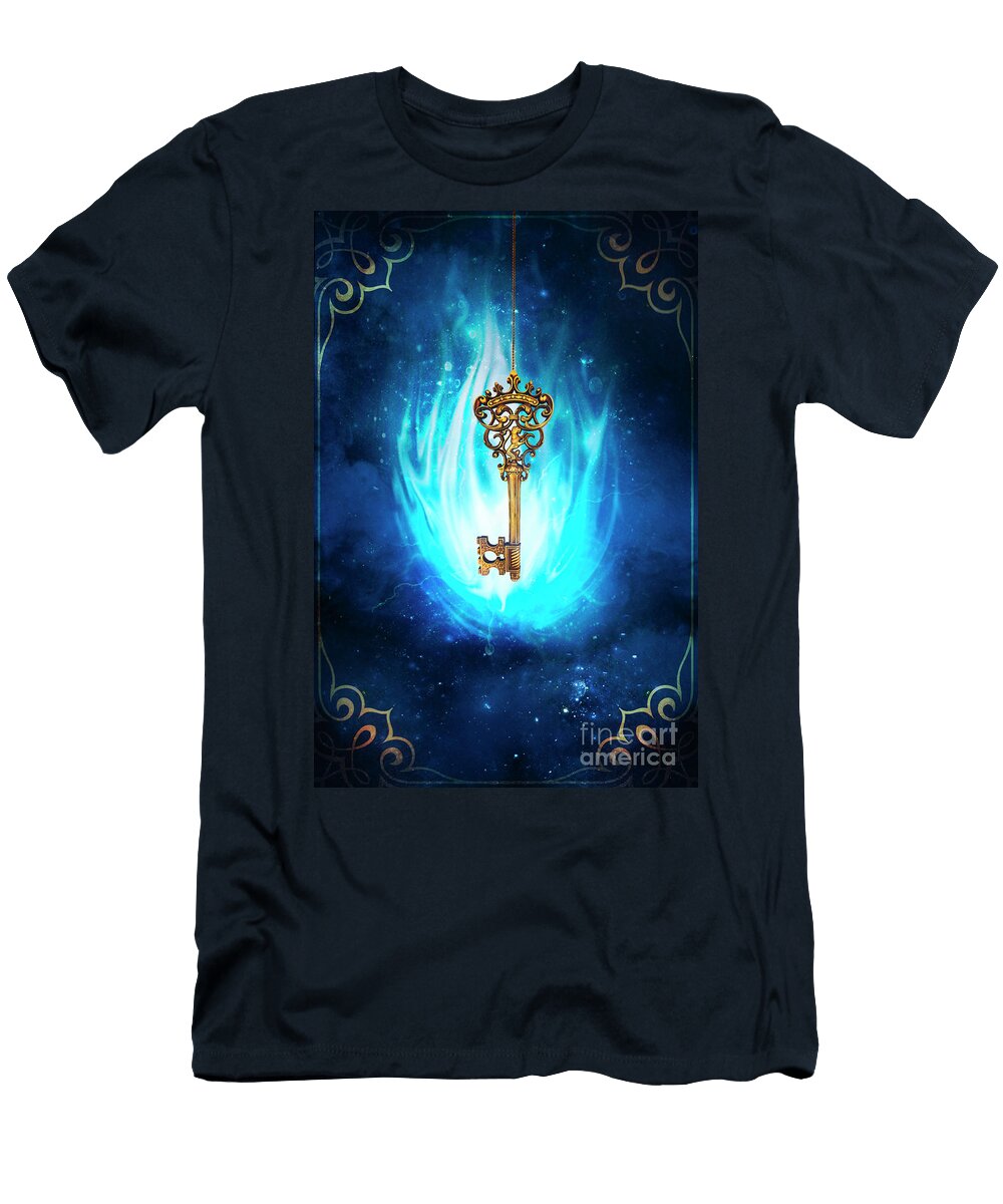 Ornate Gold Key on Mystical Blue Background Sandra Cunningham T-Shirt