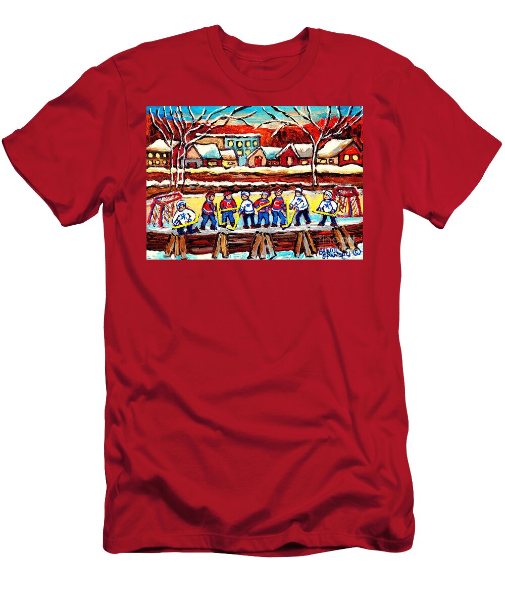 Outdoor Hockey Rink Cozy Village Painting Canadian Art Winter Landscape Scene C Spandau Artist Carole Spandau T-Shirt