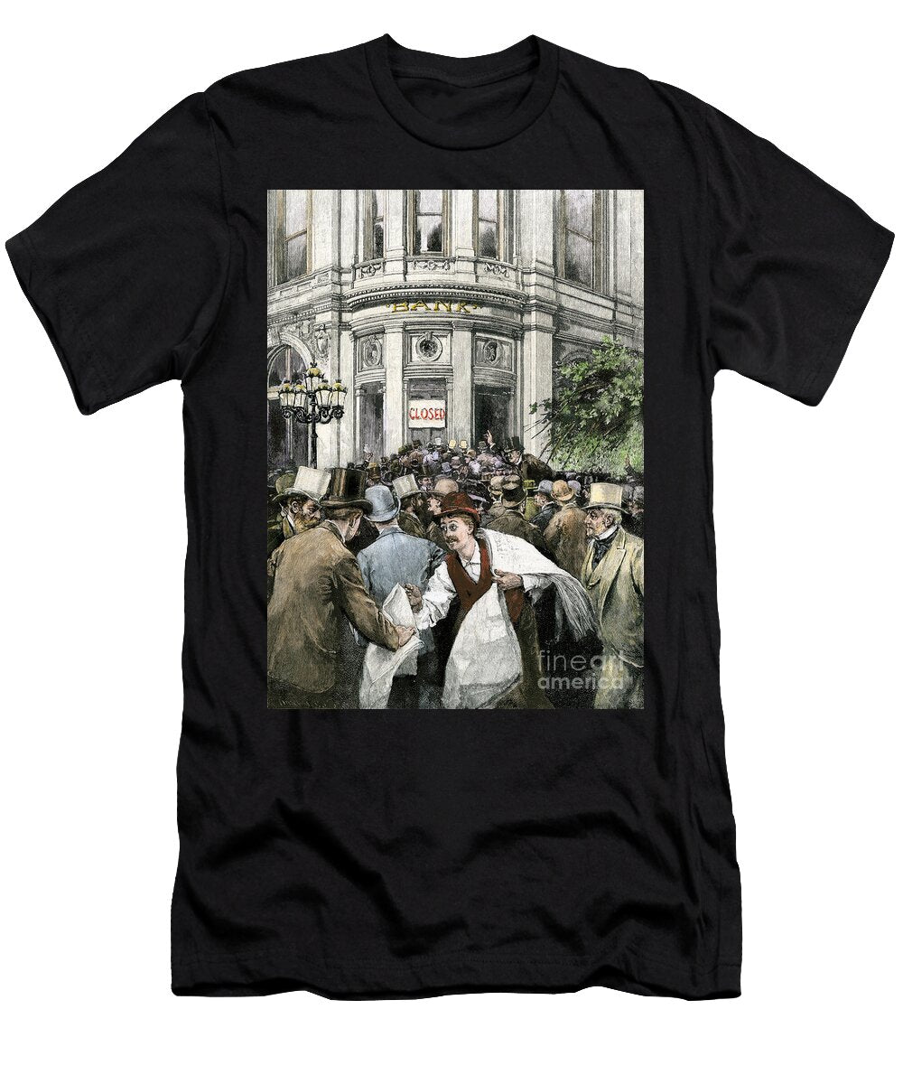 Panic of Bank Customers Rushing to Collect Their Money During a Financial Crisis in the United States 19th Century Colourful Engraving of the 19th Century American School T-Shirt