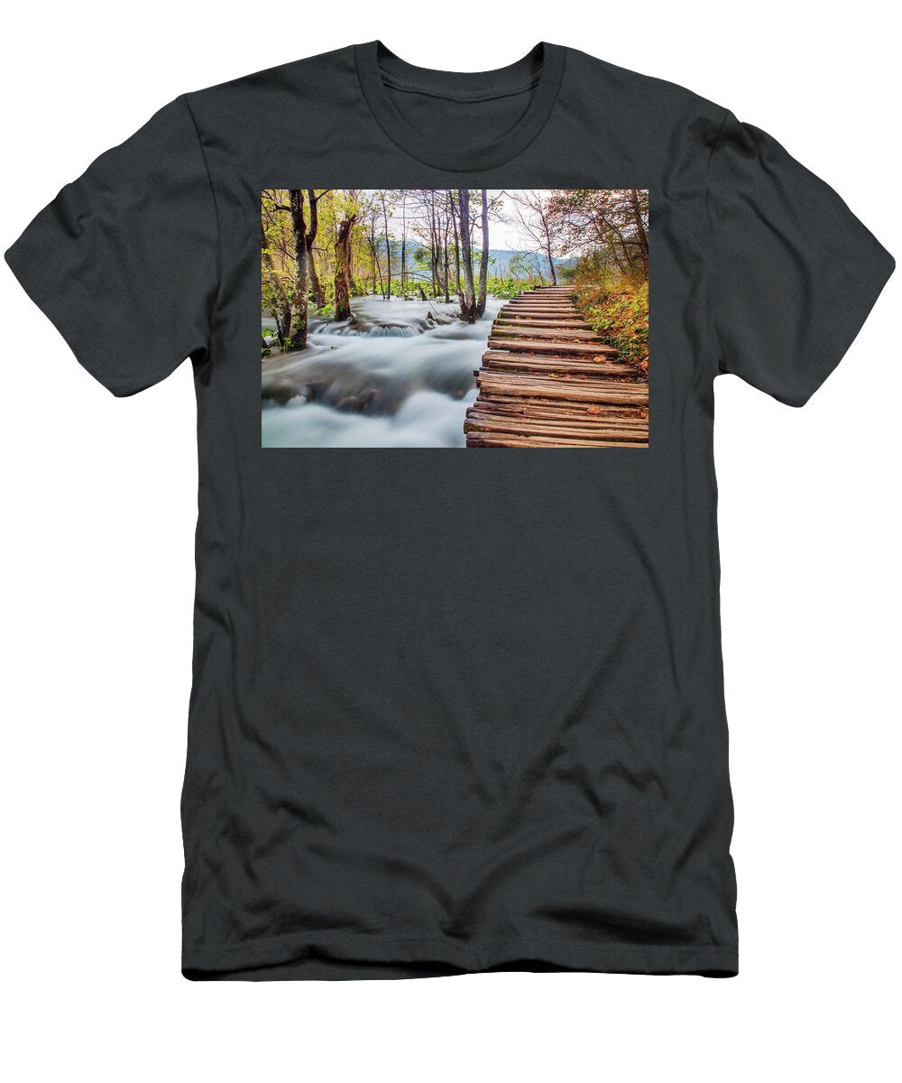 Pathway Along River in the Woods Lucie Debelkova T-Shirt