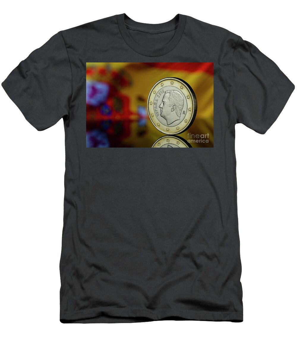 Philip Felipe Vi King of Spain Euro Coin with Spain Flag Blurred in the Background Pablo Avanzini T-Shirt