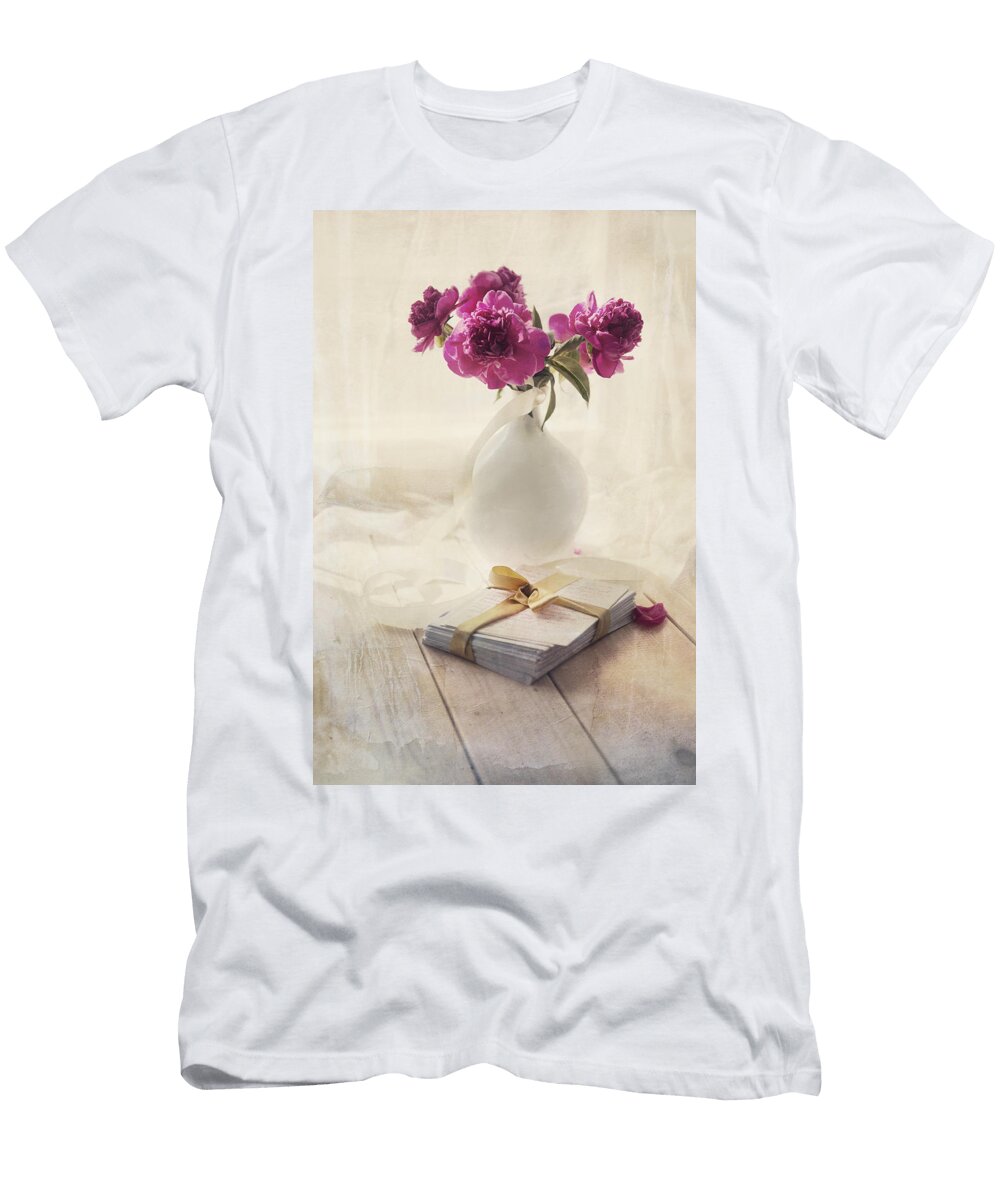 Pink Peonies and Pile of Letters on the Wooden Table Jaroslaw Blaminsky T-Shirt