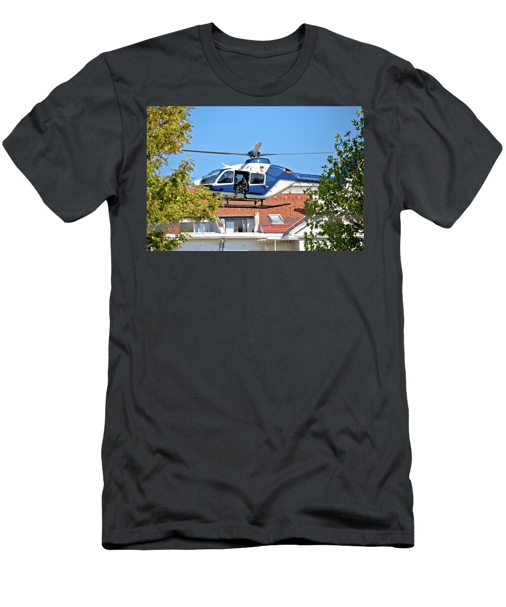 Police Sniper in Helicopter Urban Area Low Flight View Brch Photography T-Shirt
