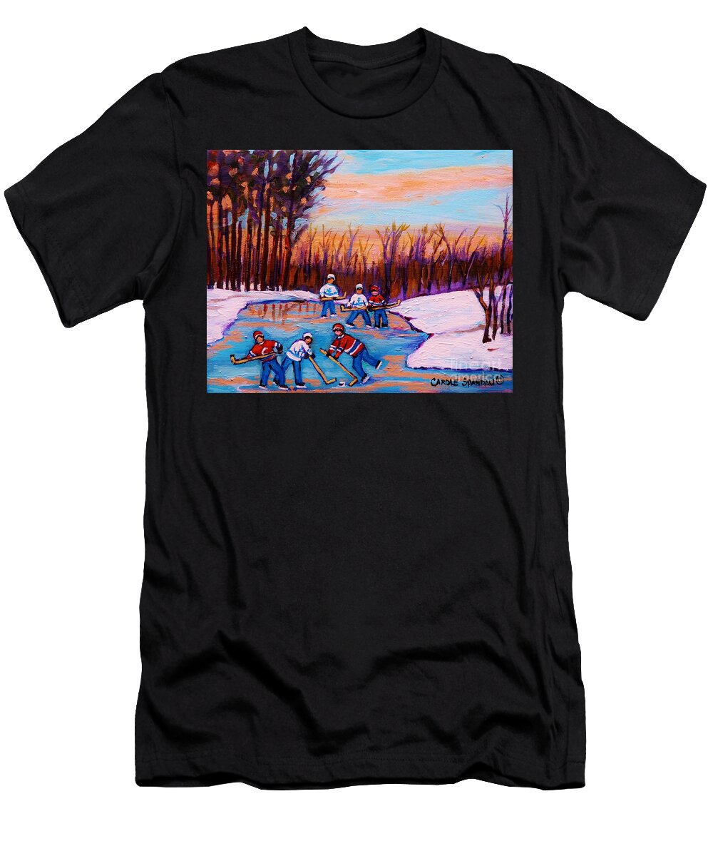 Pond Hockey Canadiens Superstars Frozen Pond Winter Landscapes Carole Spandau Paintings Carole Spandau T-Shirt