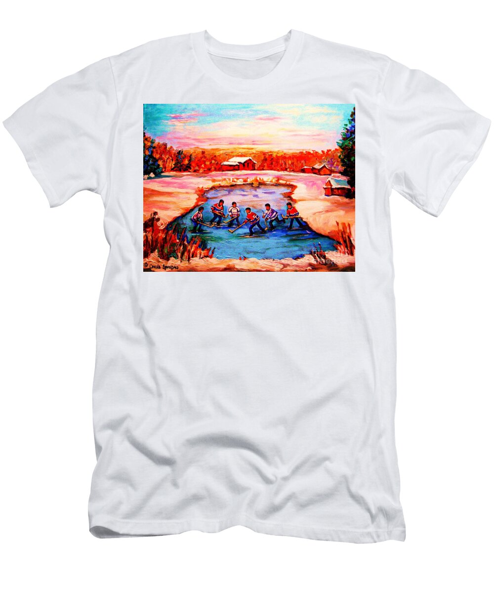 Pond Hockey Game By Montreal Hockey Artist Carole Spandau Carole Spandau T-Shirt