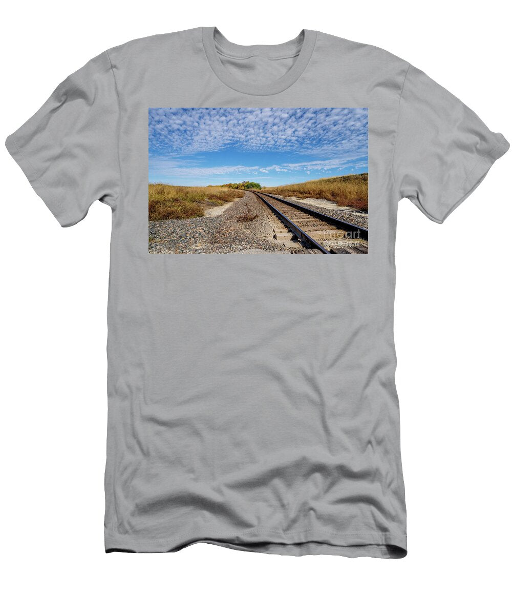 Popcorn Clouds Over Nebraska Train Tracks Jennifer White T-Shirt