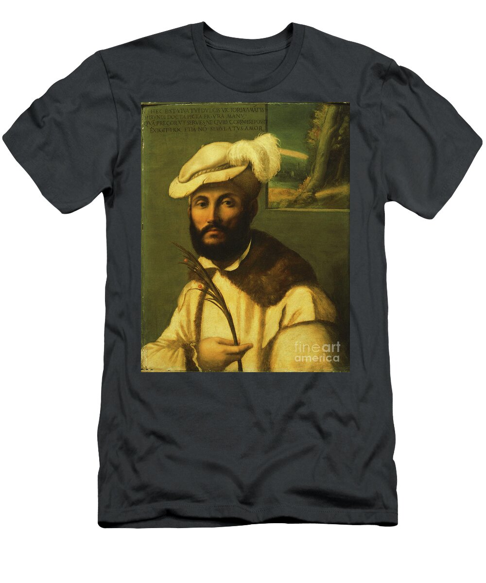 Portrait of a Bearded Gentleman Half Length in a Fur Trimmed White Jacket and a Plumed Hat and Holding a Palm Frond a Landscape Seen Through a Casement Beyond Francesco Rondani T-Shirt