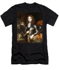 Portrait of a Commander Three Quarter Length in Armour Holding a Baton His Plumed Helmet on a Rock Nearby a Cavalry Charge Beyond Caspar Netscher T-Shirt