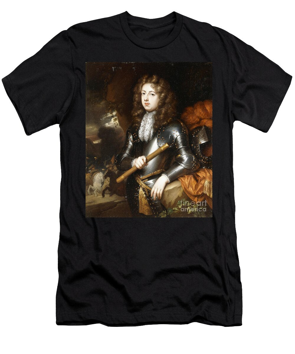 Portrait of a Commander Three Quarter Length in Armour Holding a Baton His Plumed Helmet on a Rock Nearby a Cavalry Charge Beyond Caspar Netscher T-Shirt