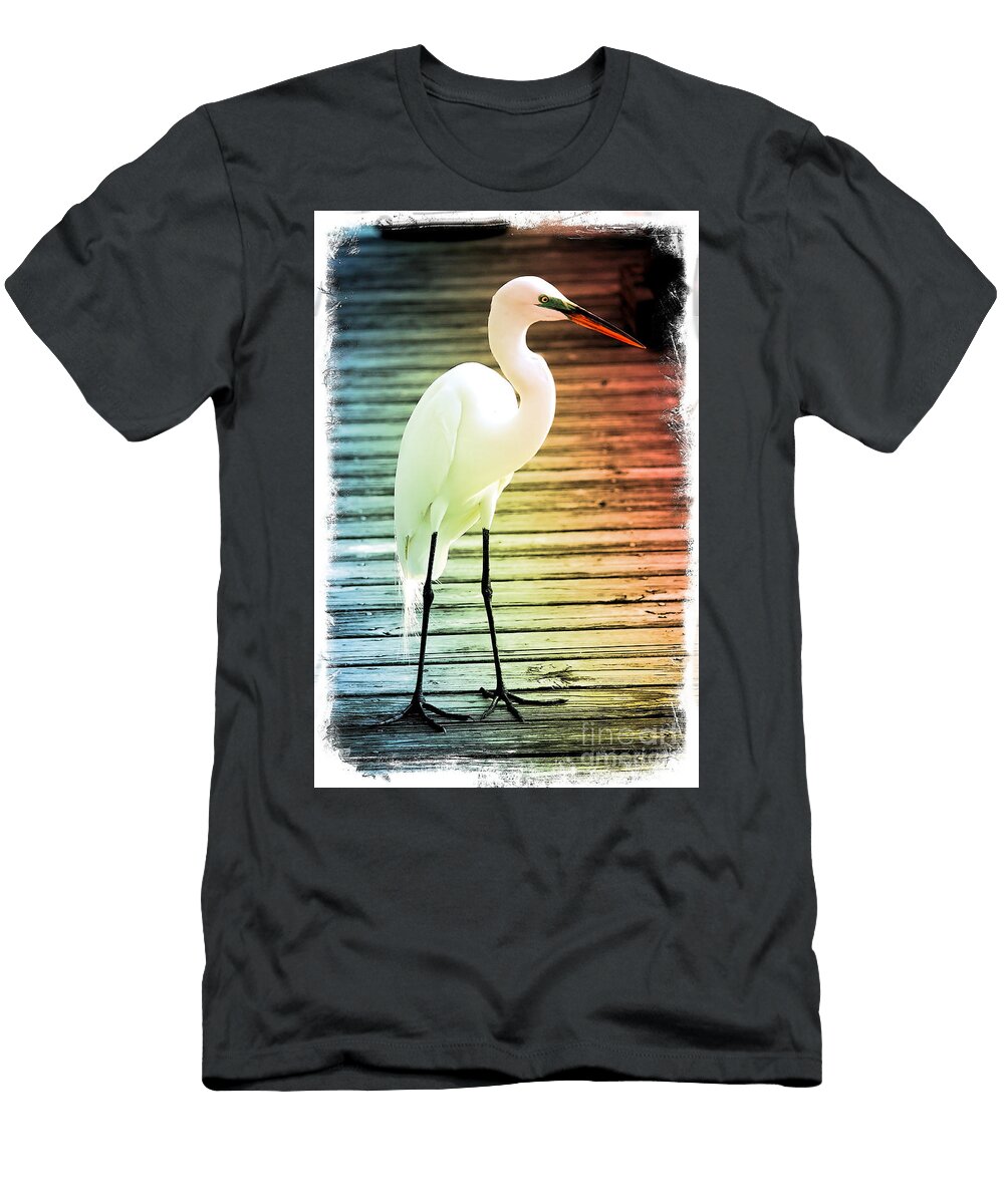 Rainbow Egret on Pier Digital Art Carol Groenen T-Shirt