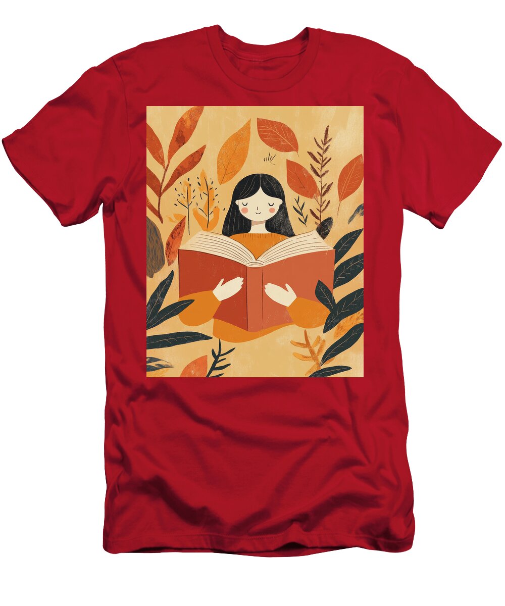 Reading a Book Surrounded By Autumn Leaves Sevildzhan Hasan T-Shirt