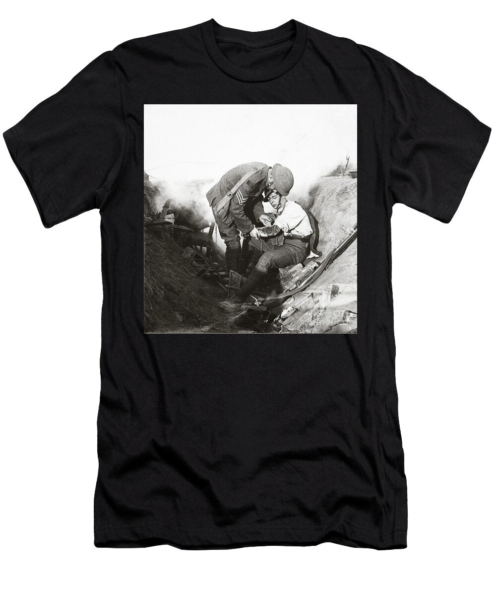 Receiving First Aid From His Sergeant in a Sap During the Height of Battle At Peronne 1918 English Photographer T-Shirt