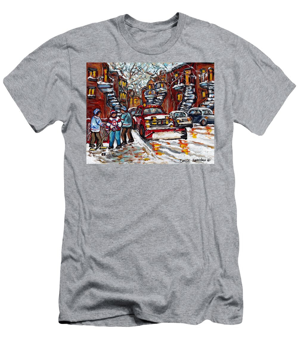 Red Snow Plow Montreal Streetscene C Spandau Artist Winter in the City Hockey Art Paintings for Sale Carole Spandau T-Shirt