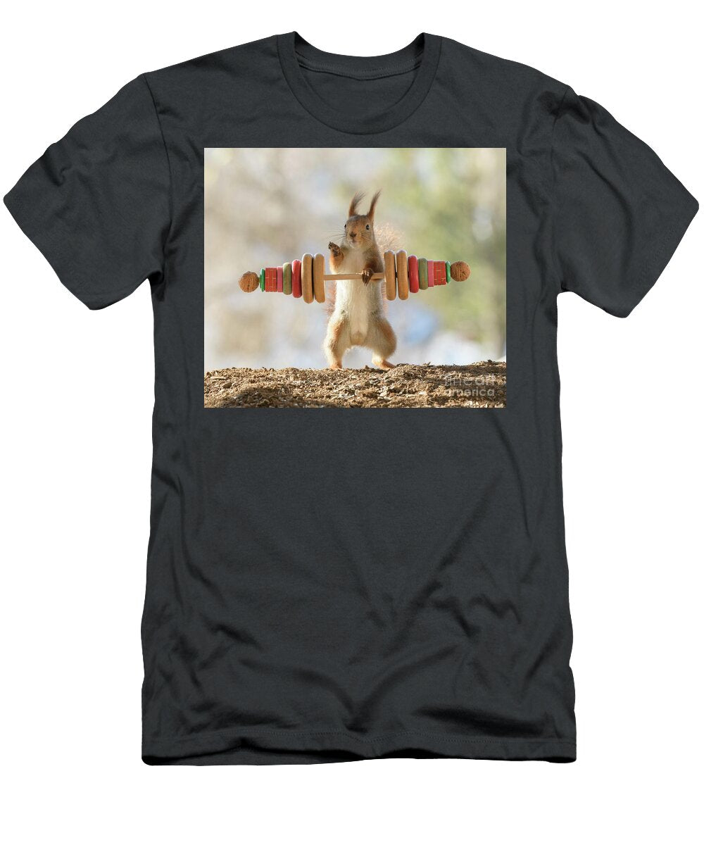 Red Squirrel Holding Weights with Nut and Waves Geert Weggen T-Shirt
