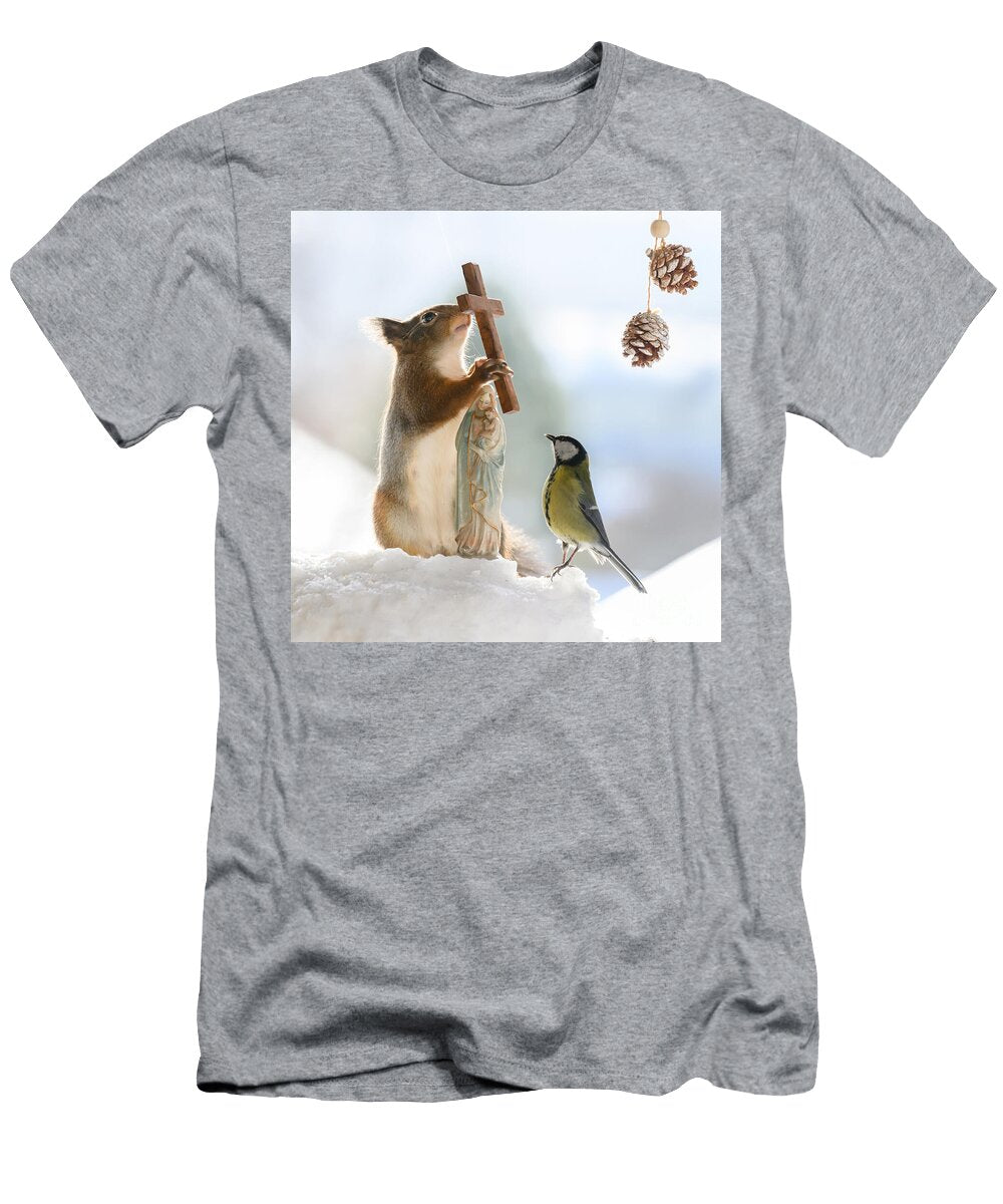 Red Squirrel Is Holding a Cross in the Snow with Great Tit Looki Geert Weggen T-Shirt