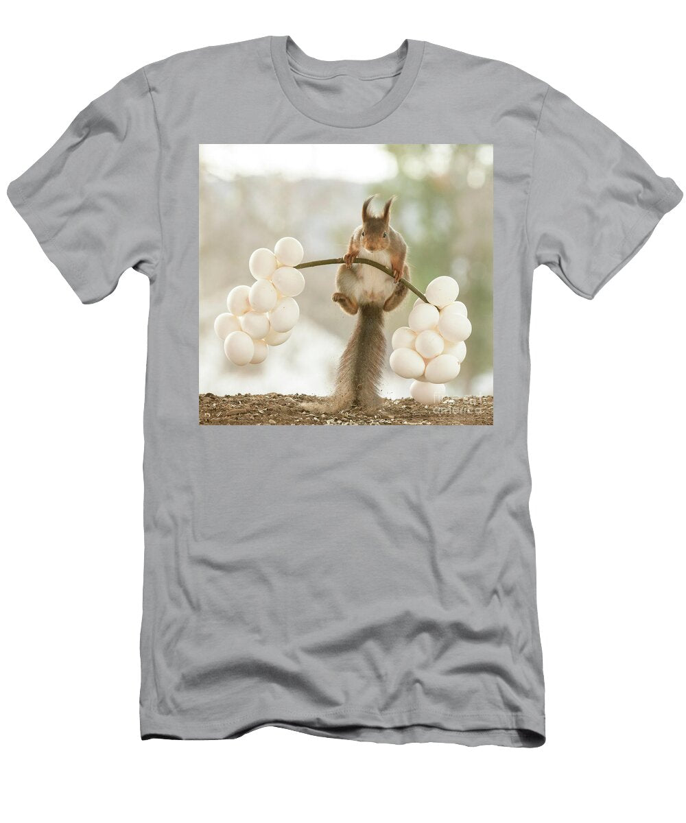 Red Squirrel Jumping with Branch with Eggs Looks At Viewer Geert Weggen T-Shirt