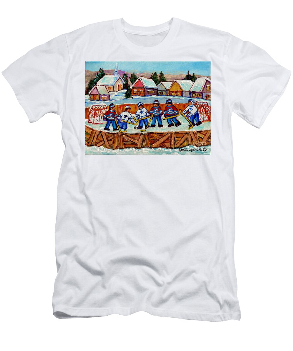 Rink Hockey Game in the Country Winter Village Snowscene Canadian Landscape C Spandau Quebec Artist Carole Spandau T-Shirt