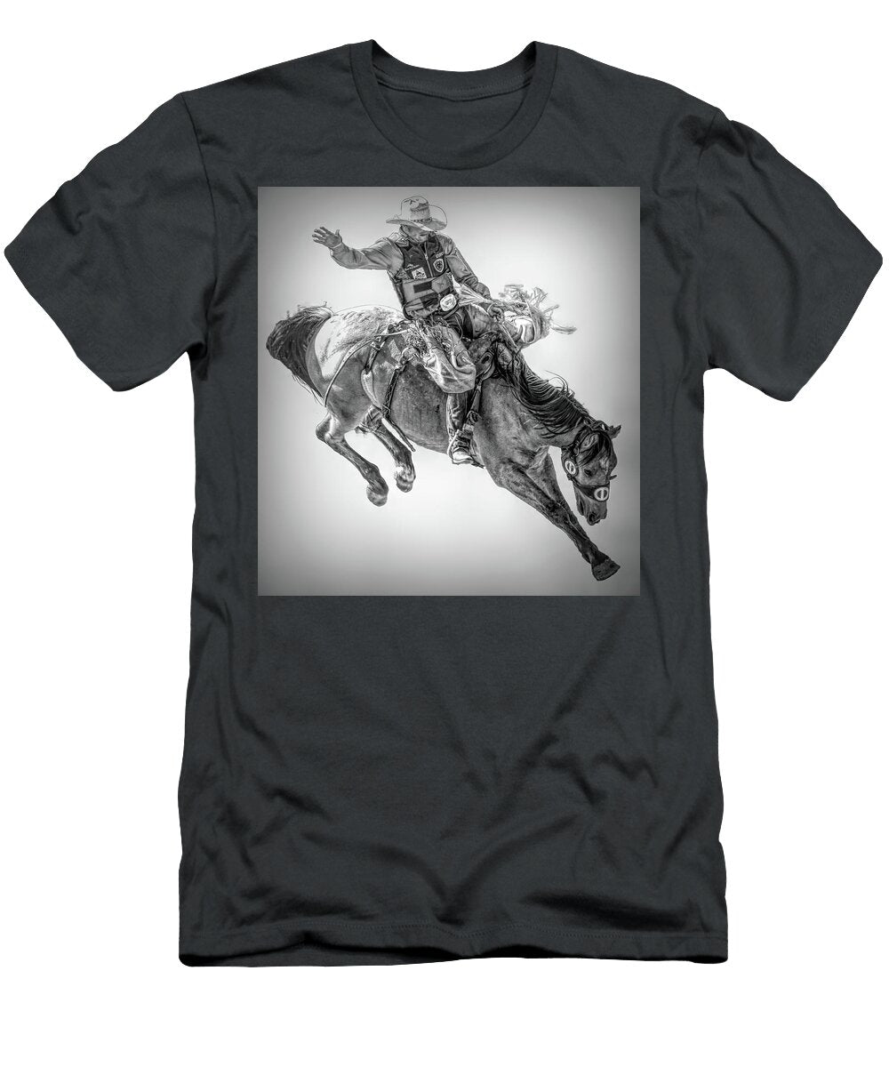 Rodeo Bronc Rider in Black and White Painting Rebecca Herranen T-Shirt