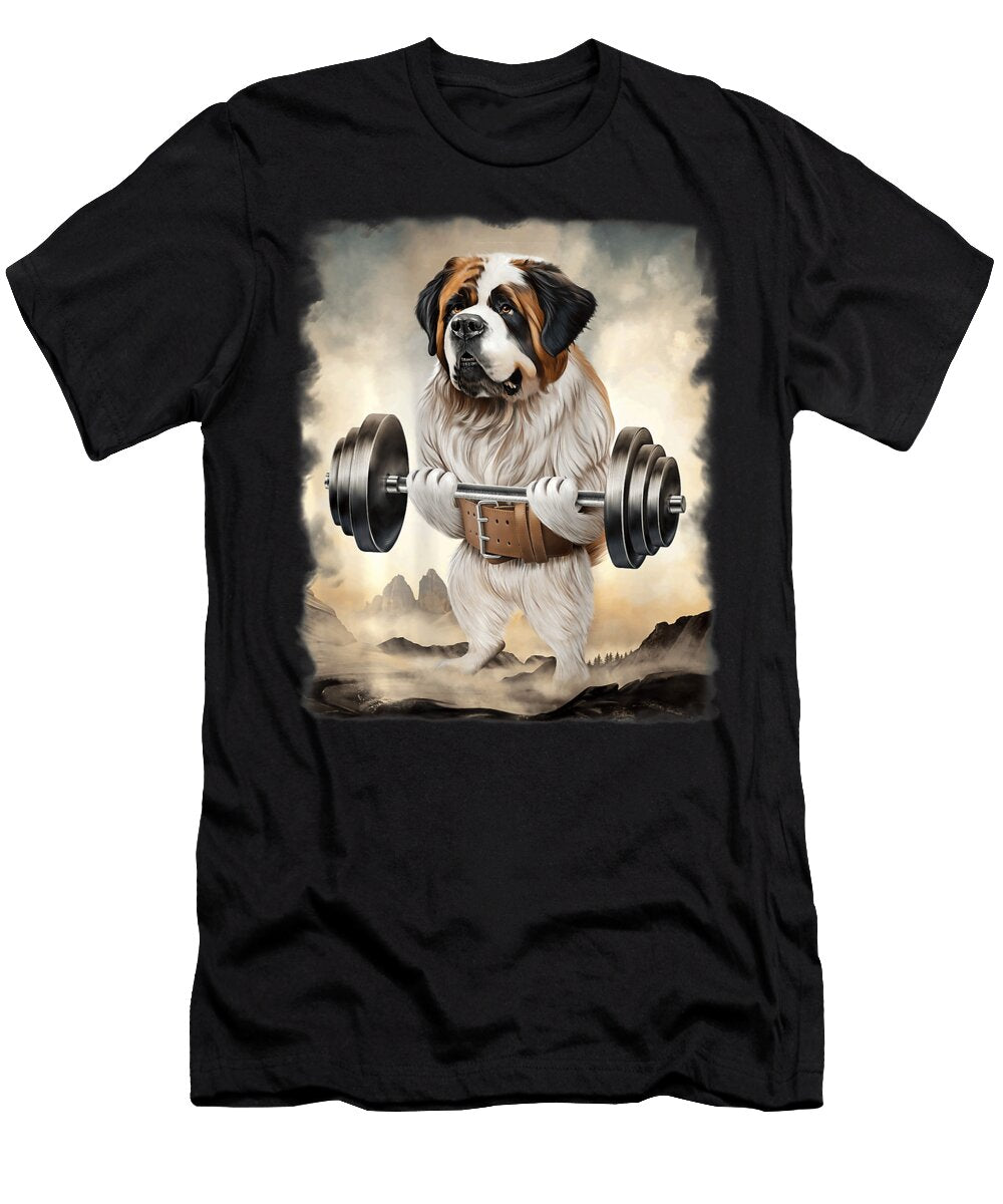 Saint Bernard Dog Muscle Training Weightlifting Natalie Lidford T-Shirt
