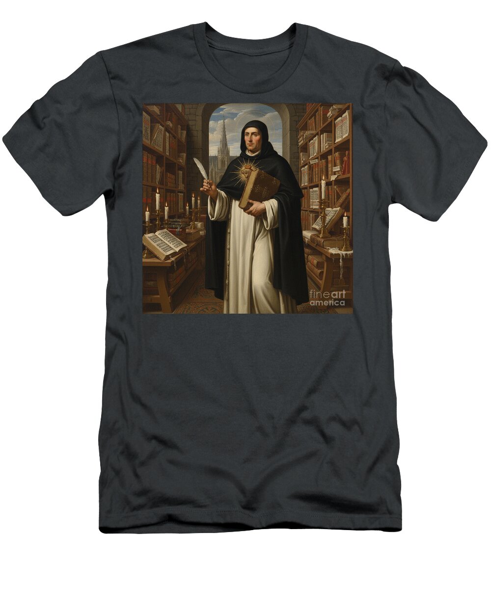 Saints 36 Saint Thomas Aquinas in a Library Walter Paul Bebirian T-Shirt
