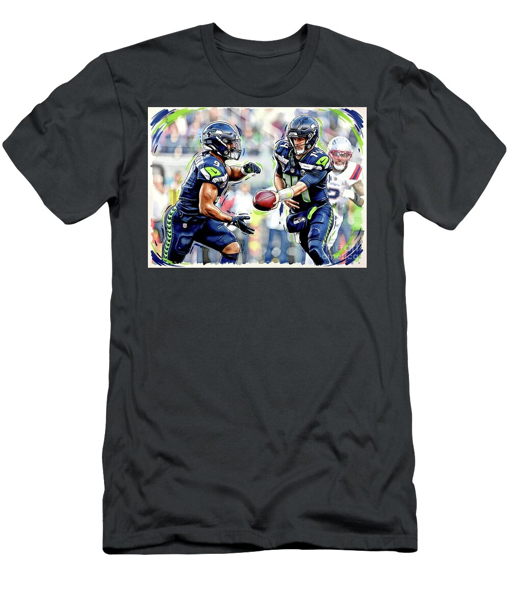 Sam Darnold 14 of the Seattle Seahawks Hands the Ball to Kenneth Walker Iii 9 During Super Bowl Robert Williams T-Shirt