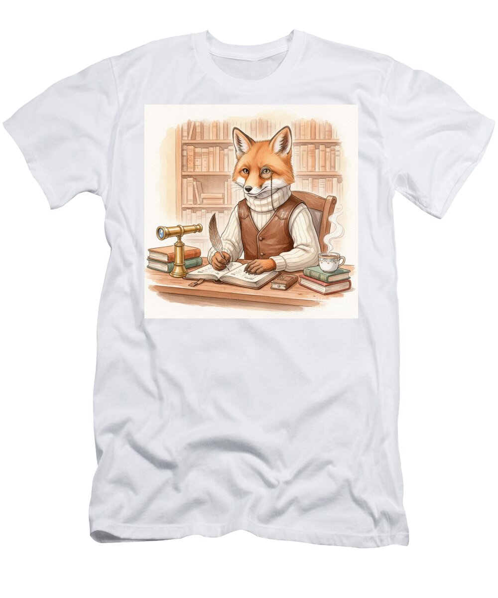 Scholarly Fox Writing Letters in Cozy Library Study Creator Designs T-Shirt