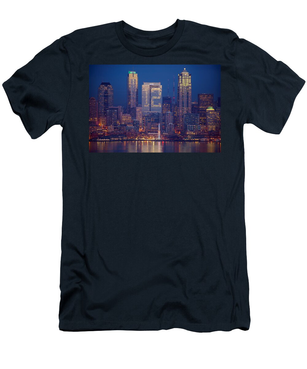 Seahawks 12th Man Seattle Skyline At Dusk Mike Reid T-Shirt
