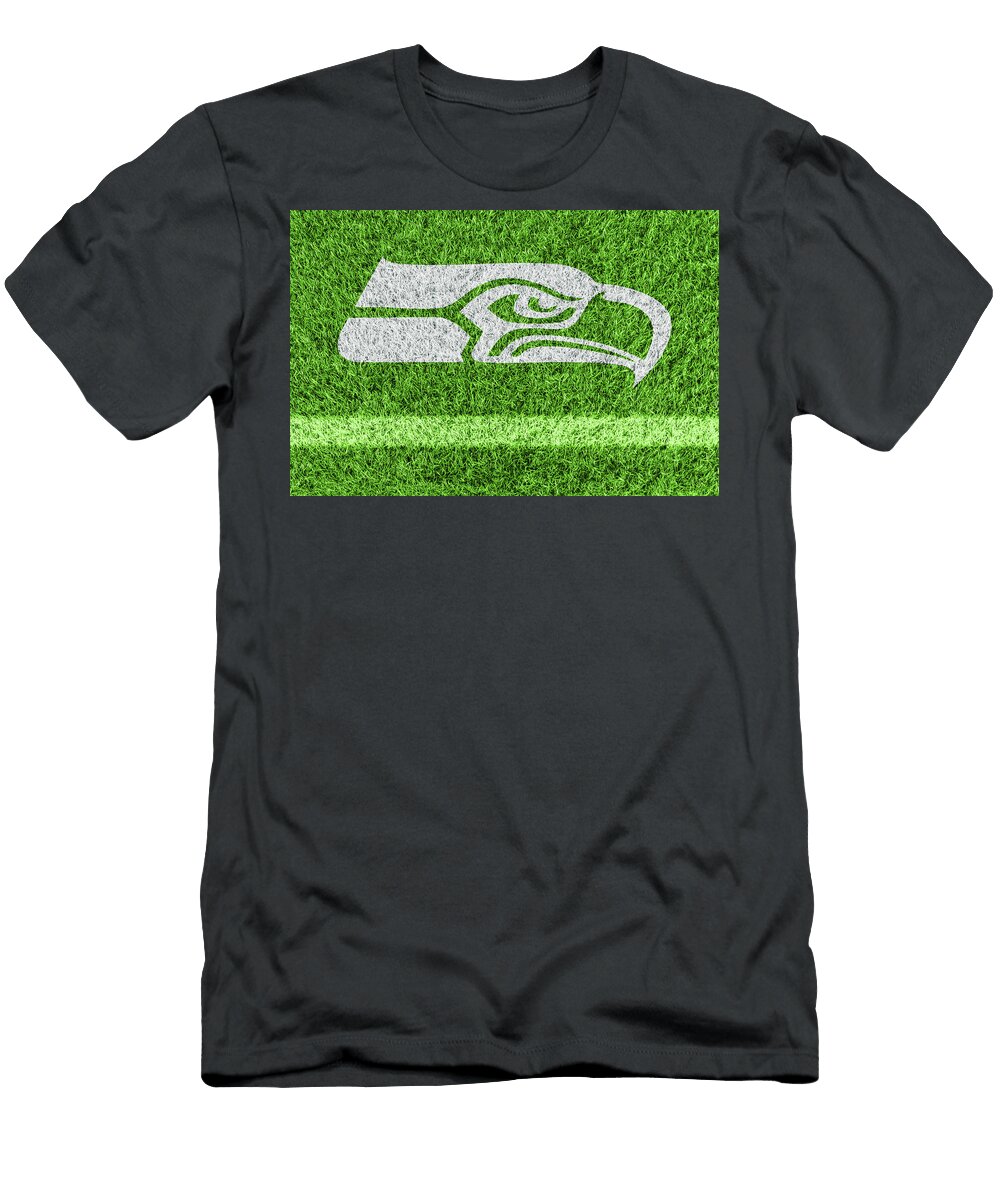 Seahawks Logo Art Painted on Football Field Grass in White Design Turnpike T-Shirt
