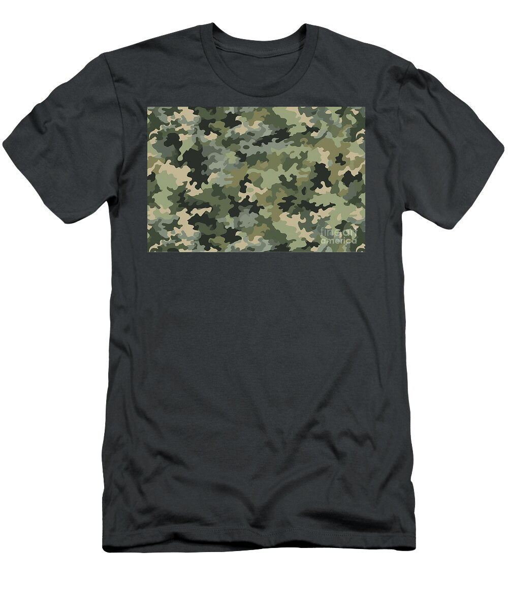 Seamless Rough Textured Military Hunting Paintball Camouflage Pattern in a Light Forest Sage Green Khaki Palette Tileable Abstract Contemporary Classic Camo Fashion Textile Surface Design Texture N Akkash T-Shirt