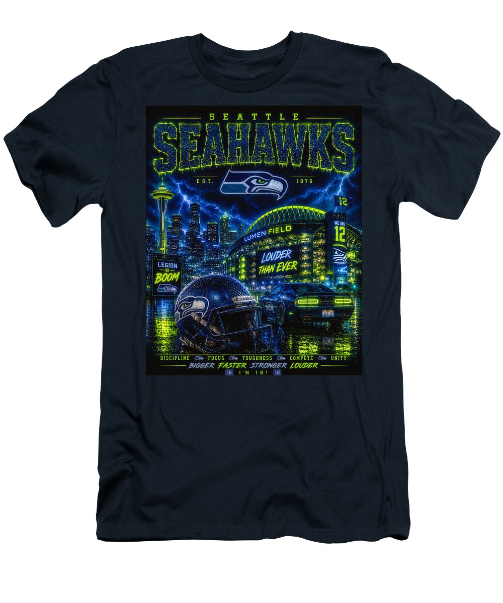 Seattle Seahawks Lumen Field Night Scene Kevin Walker and Pixel Reverie T-Shirt