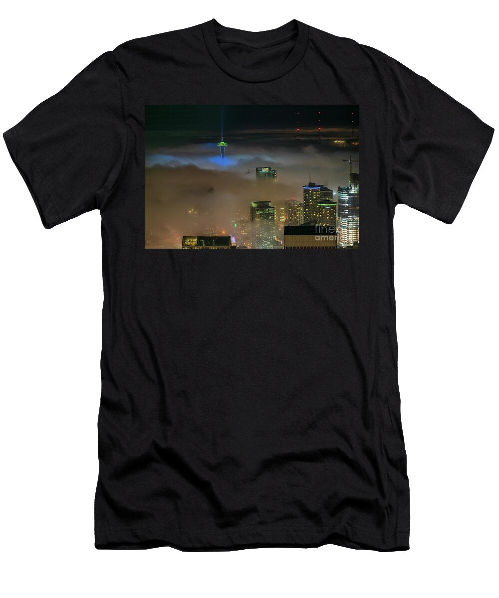 Seattle Seahawks Space Needle in the Fog Mike Reid T-Shirt