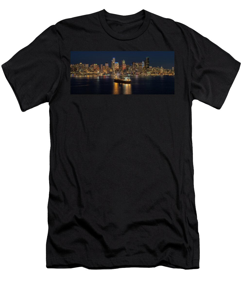 Seattle Skyline At Night with Waterfront and Ship Seahawks Super Bowl Celebration Reflections Mike Reid T-Shirt