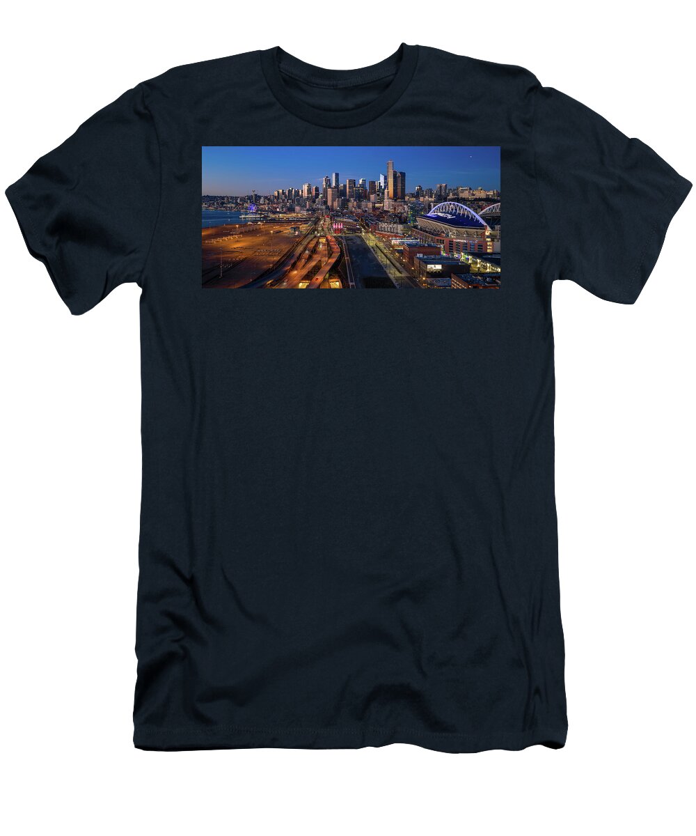 Seattle Skyline Blue Hour Aerial Over Lumen Field and Elliott Bay Mike Reid T-Shirt