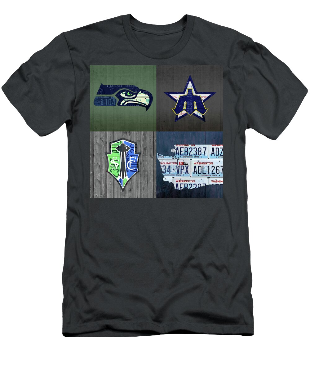 Seattle Sports Team License Plate Art Washington Map Seahawks Mariners Sounders Design Turnpike T-Shirt