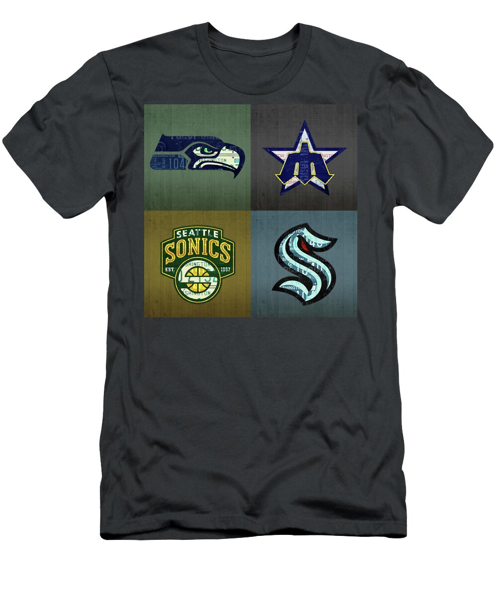 Seattle Sports Teams Seahawks Mariners Sonics Kraken Recycled Washington State License Plate Art Design Turnpike T-Shirt