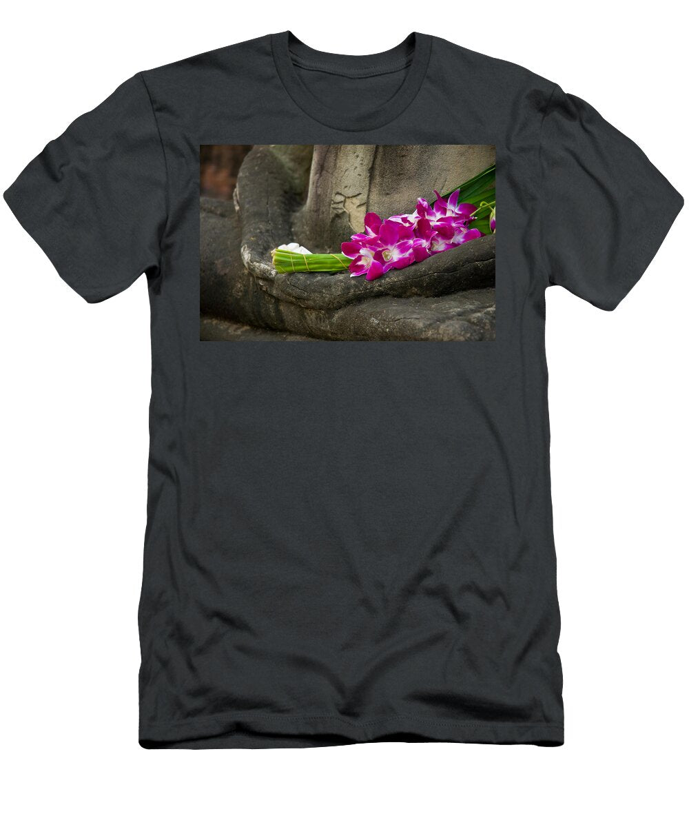 Sitting Buddha in Meditation Position with Fresh Orchid Flowers Ulrich Schade T-Shirt