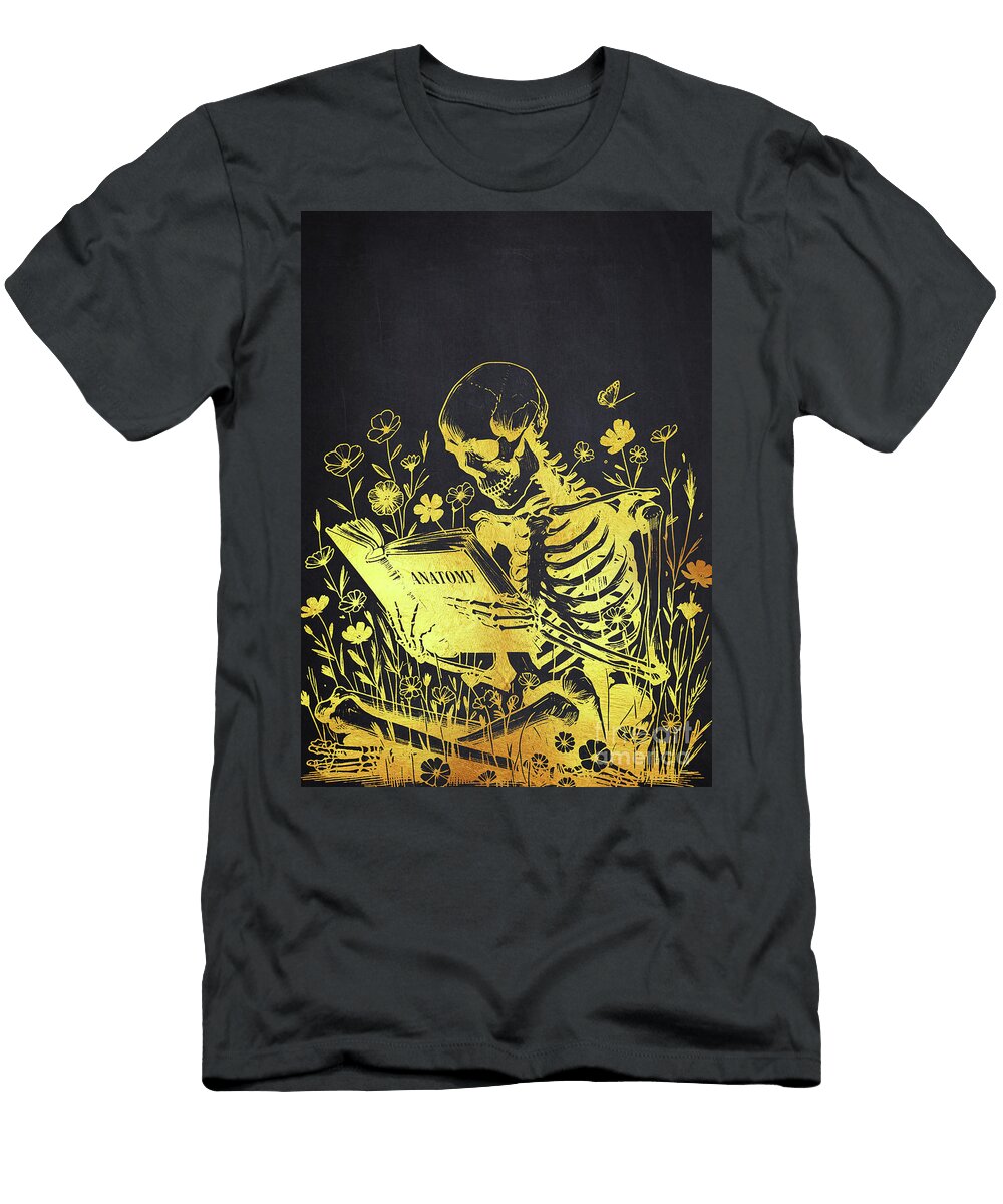 Skeleton Reading Among Flowers Aged Pixel T-Shirt