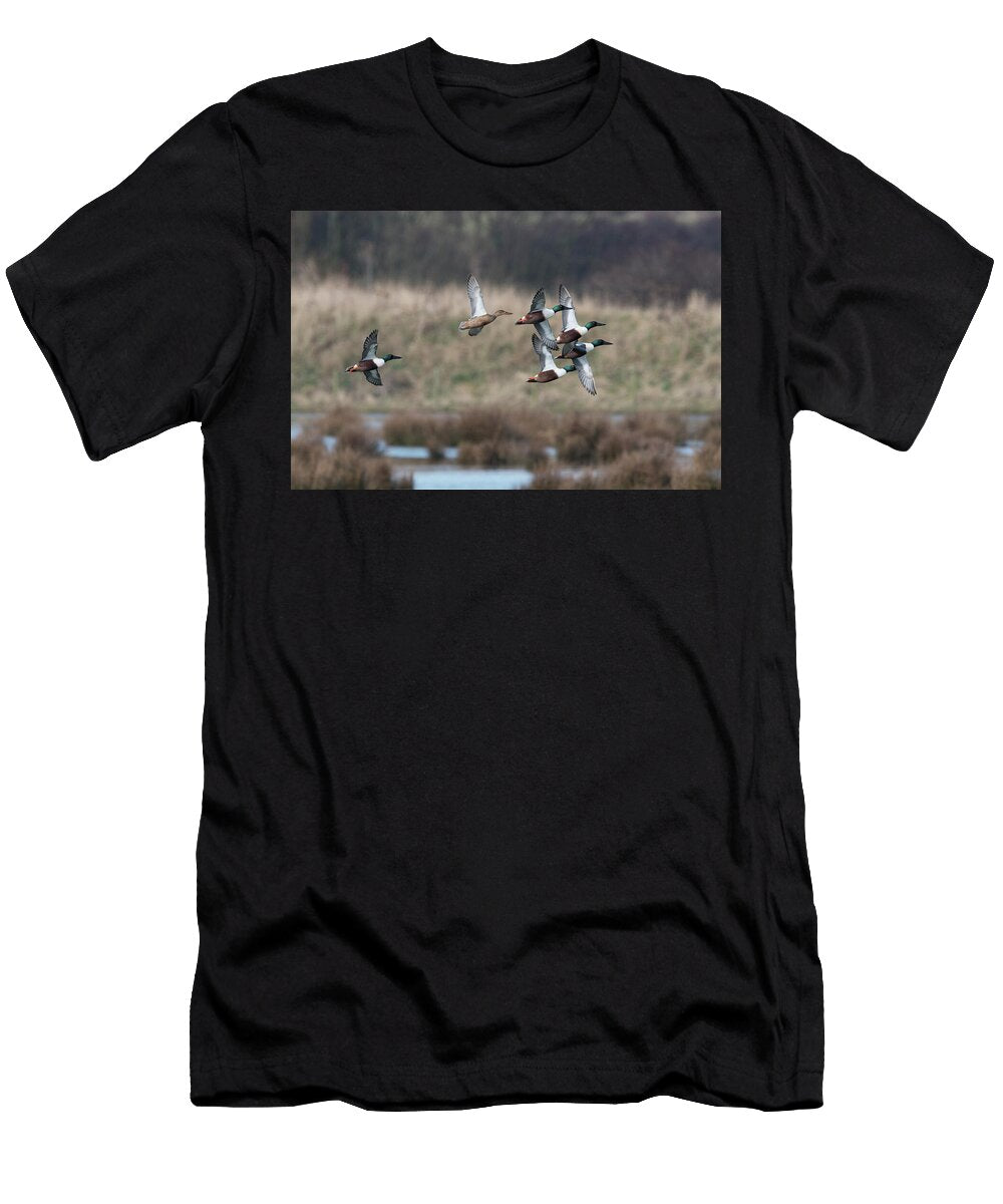 Small Flock of Northern Shovellers in Flight During Pursuit Roger Powell Natureplcom T-Shirt