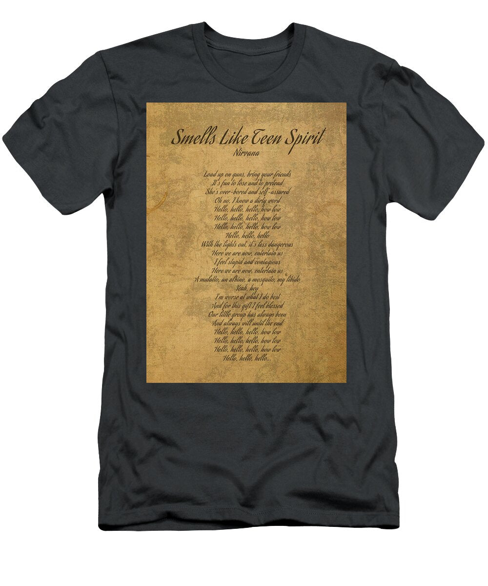 Smells Like Teen Spirit By Nirvana Vintage Song Lyrics on Parchment Design Turnpike T-Shirt