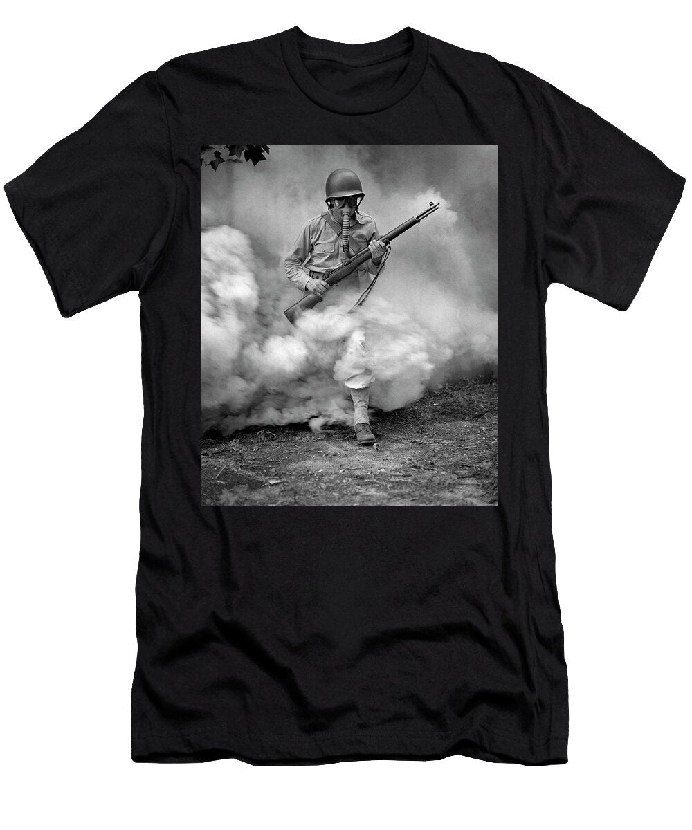 Soldier with Rifle During Gas Mask Training Fort Belvoir Ww2 1942 War Is Hell Store T-Shirt