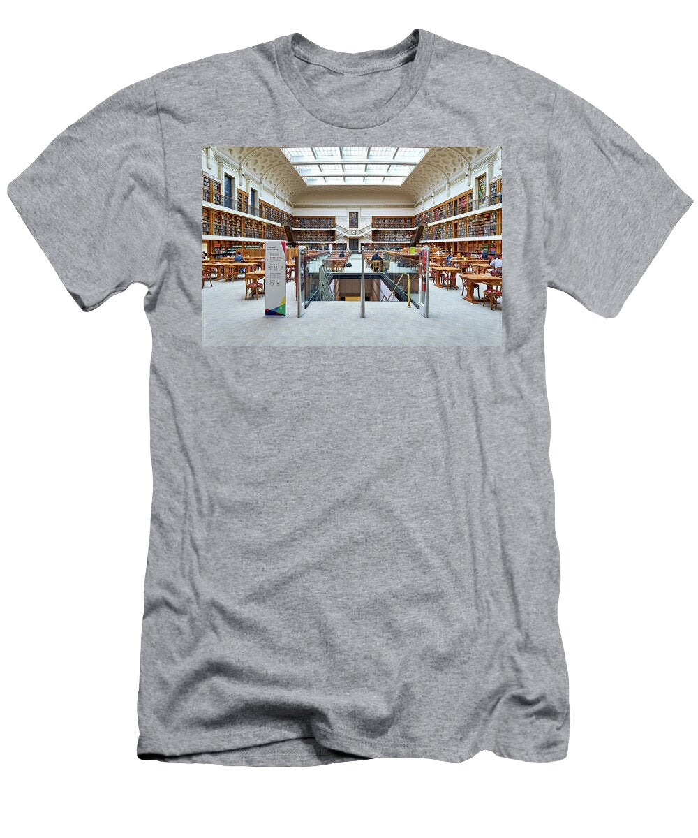 Spacious Library with Ornate Ceiling Books and People Studying Marco Brivio T-Shirt