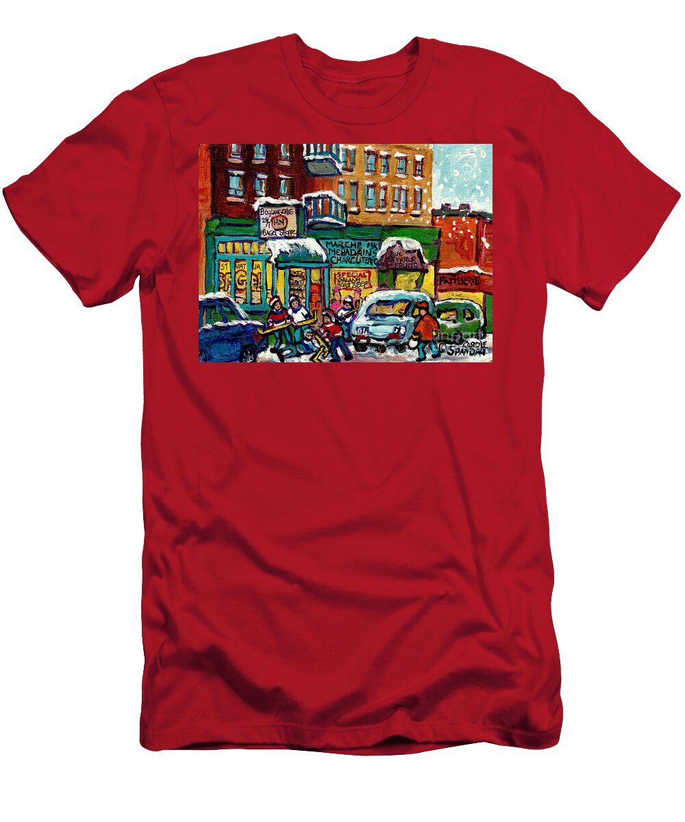 St Viateur Bagel Street Hockey Montreal Landmark Winter Scene Painting for Sale C Spandau Artist Carole Spandau T-Shirt