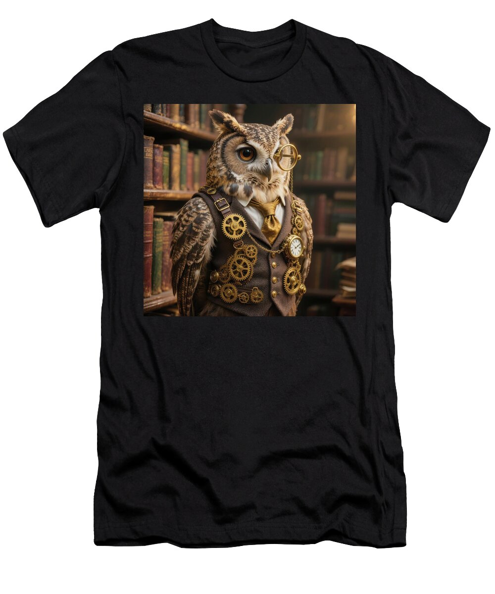 Steampunk Owl Librarian in Clockwork Waistcoat Matthias Hauser T-Shirt