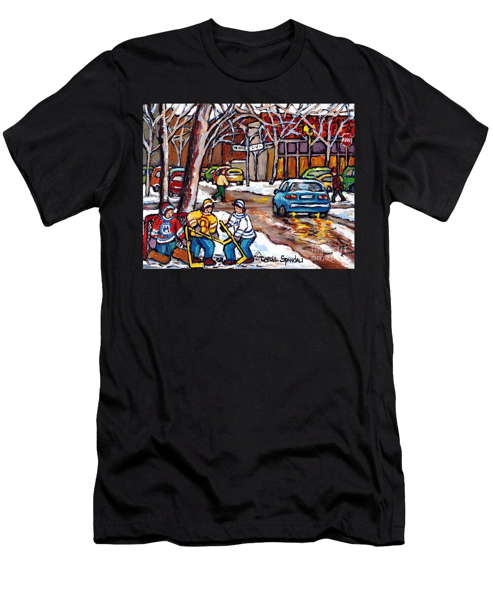 Steinbergs Van Horne Montreal Winterscene Paintings for Sale Goalie and Hockey Pals C Spandau Art Carole Spandau T-Shirt