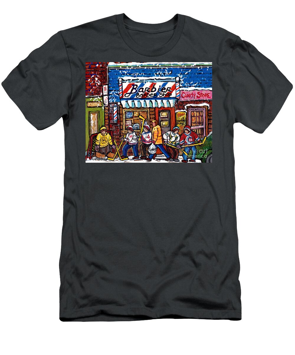 Stilwells Candy Stop Winterscene Painting for Sale Montreal Hockey Art C Spandau Snowy Barber Shop Carole Spandau T-Shirt