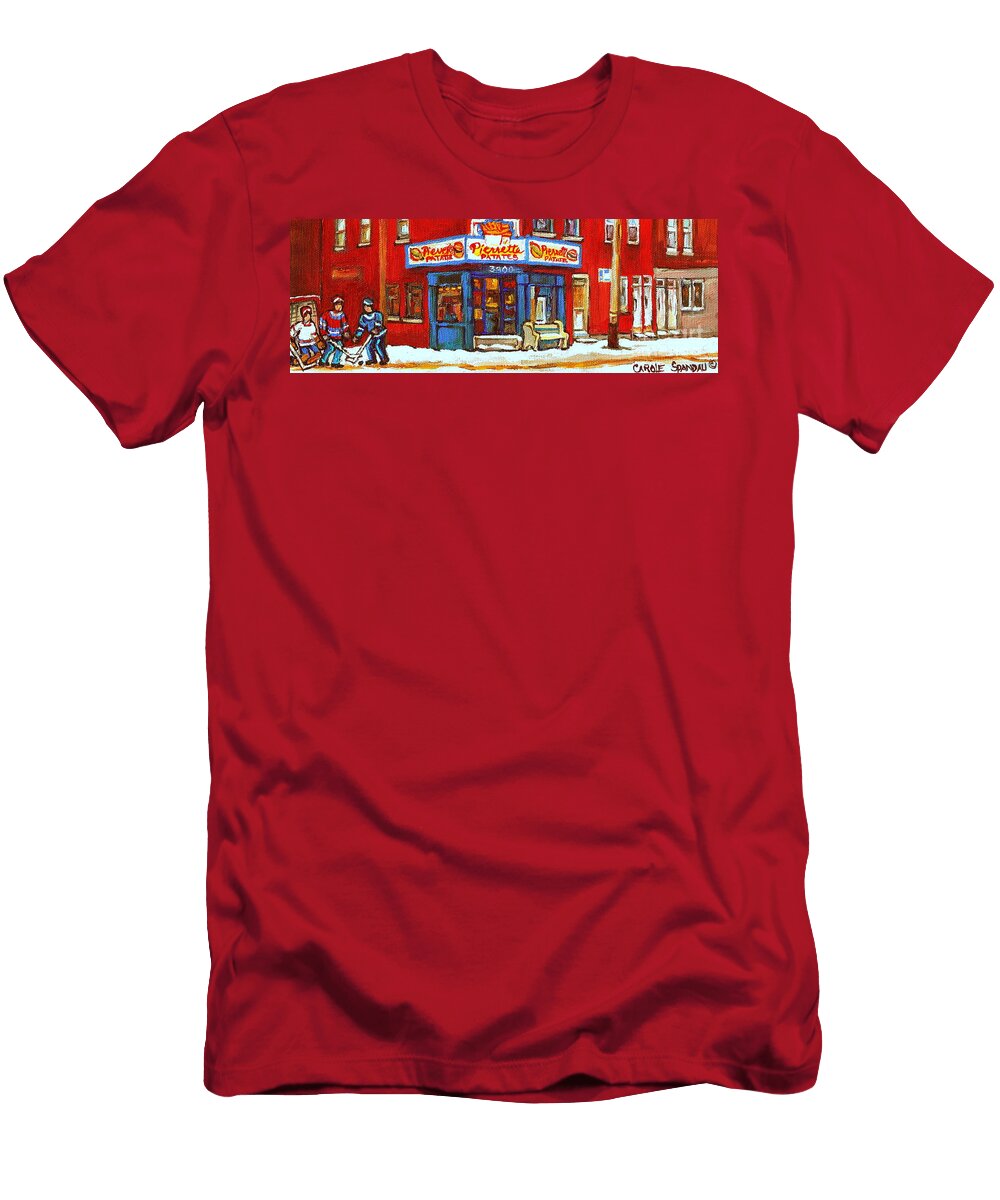 Streets of Verdun Hockey Game At Famous Verdun Restaurant Pierrette Patates Montreal Hockey Art Carole Spandau T-Shirt